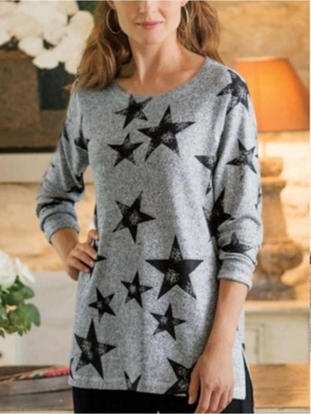 Soft Surroundings E'toile Star Knit Sweater Tunic Top-Gray/Black-Women Size 1X